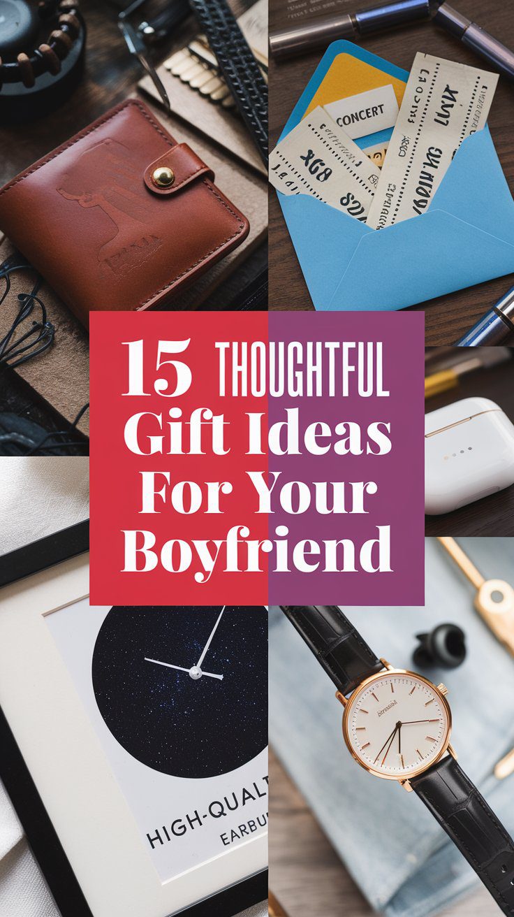 Discover heartfelt gift ideas for your boyfriend with our curated selection, including a stylish leather wallet, concert tickets, high-quality wireless earbuds, and a sleek watch. Explore all 15 thoughtful options that truly show you care.