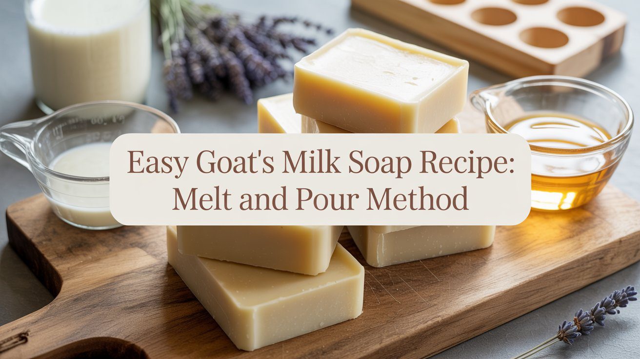 Handcrafted goat’s milk soap bars rest on wood, with milk, honey, mold, and lavender. Text: Easy Goat Milk Soap Recipe blog.