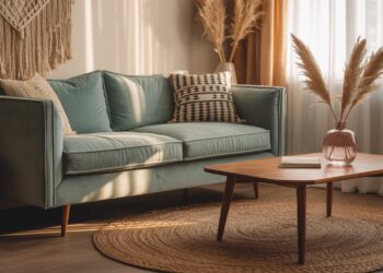 A sunlit living room featuring a light blue sofa, patterned cushions, and natural textures—like a woven rug and wooden coffee table with pampas grass—beautifully captures the inviting, relaxed vibe of boho home décor.