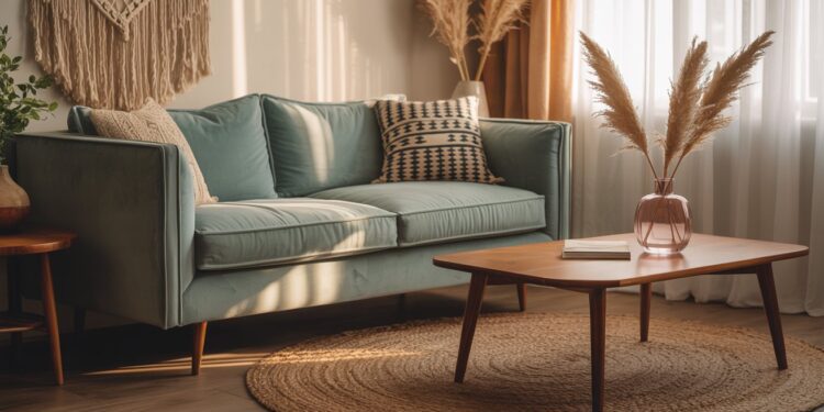 A sunlit living room featuring a light blue sofa, patterned cushions, and natural textures—like a woven rug and wooden coffee table with pampas grass—beautifully captures the inviting, relaxed vibe of boho home décor.
