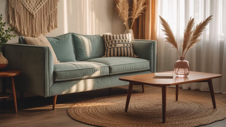 A sunlit living room featuring a light blue sofa, patterned cushions, and natural textures—like a woven rug and wooden coffee table with pampas grass—beautifully captures the inviting, relaxed vibe of boho home décor.