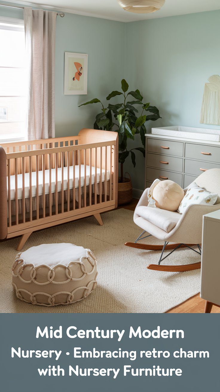 Stylish mid-century modern nursery featuring a wooden crib, plush rocking chair, dresser with changing pad, and a round pouf. A potted plant graces the corner while natural light streams through the window. The caption reads, Chic Mid Century Modern Nursery Ideas.