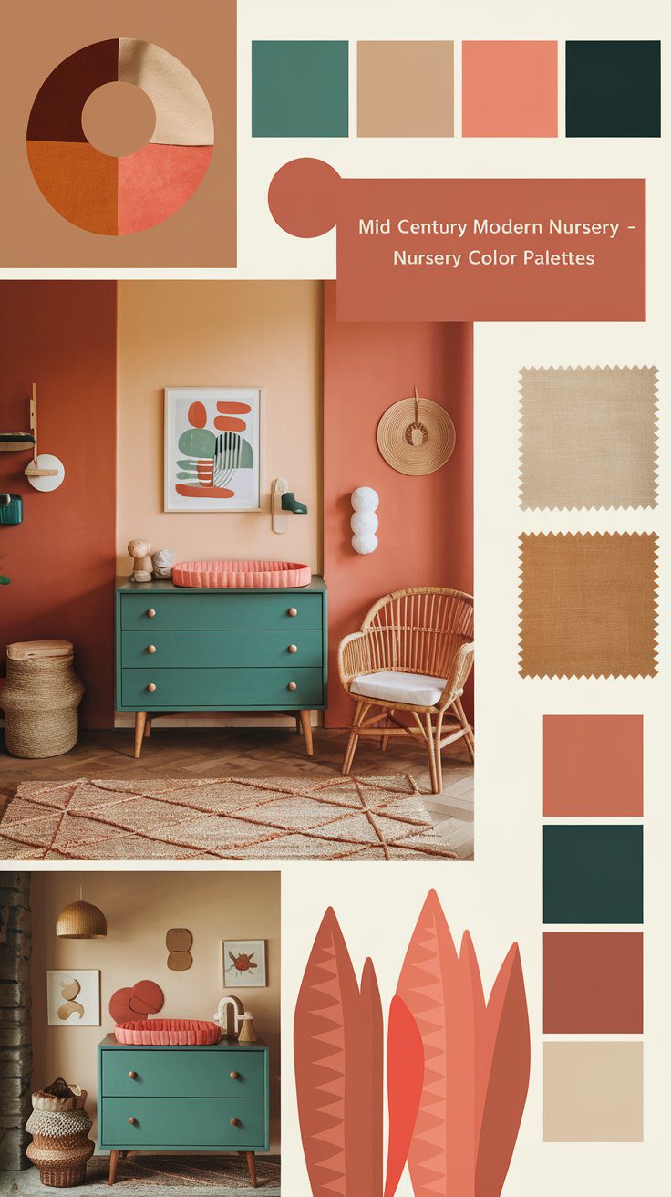 Experience a Mid Century Modern Nursery with a teal dresser, wicker chair, and abstract wall art. The coral, beige, and teal color palette is complemented by fabric swatches and decorative leaf illustrations, crafting a stylish yet cozy retreat for your little one.