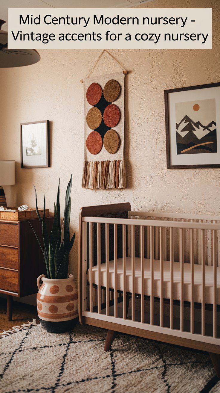 Discover a stylish mid-century modern nursery featuring a wooden crib, a large potted plant, and a chest of drawers. Two framed artworks complement the space, while a textured wall hanging with a geometric design adds vintage charm. Warm lighting enhances the cozy atmosphere.