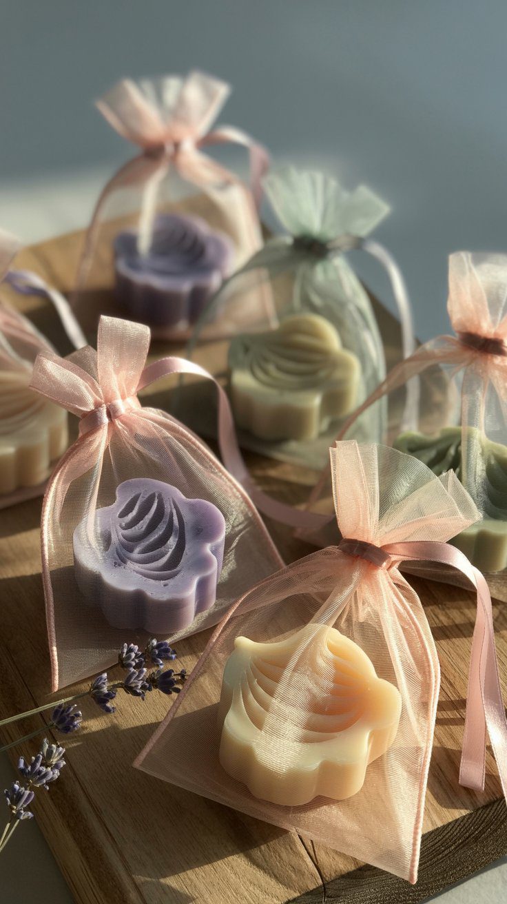 Pastel Homemade Decorative Soaps in Elegant Gift Bags with Lavender – DIY Soap Making Gift Ideas for Pinterest Inspiration.