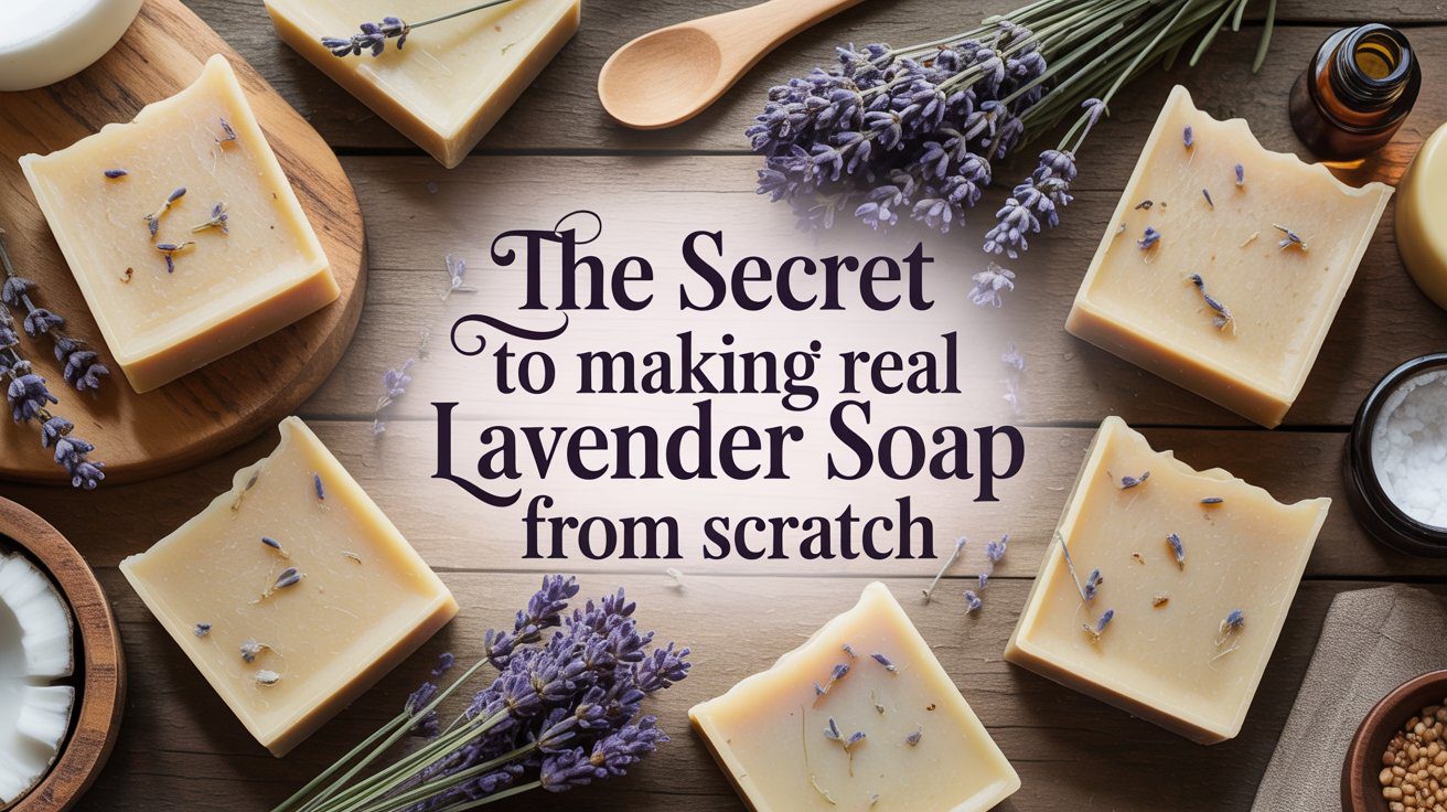 Handcrafted soap bars on display with lavender, a wooden spoon, and recipe items highlight the secret to real DIY lavender soap.