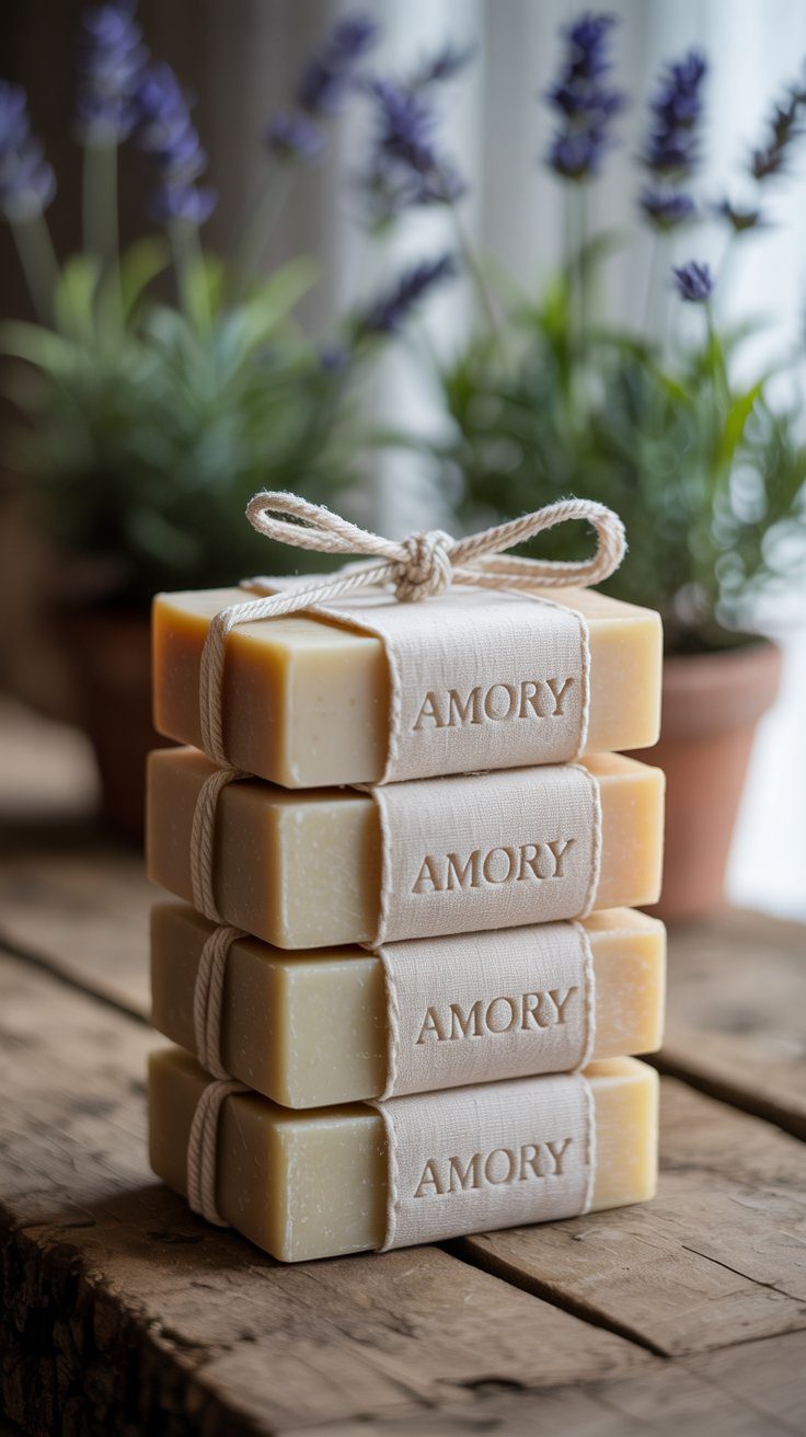 Handcrafted AMORY Soap Bars Bundle with Lavender – Rustic Natural Skincare Gift Set for Relaxation and Self-Care Decor Ideas.