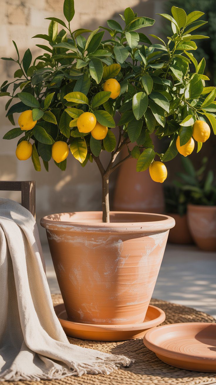 Nothing beats the earthy, sun-baked look of terracotta. Its warm tone contrasts perfectly with glossy green lemon leaves and bright yellow fruit. Choose a wide, shallow pot to let roots breathe and pair it with woven outdoor rugs or linen throws for that relaxed, lived-in patio feel.