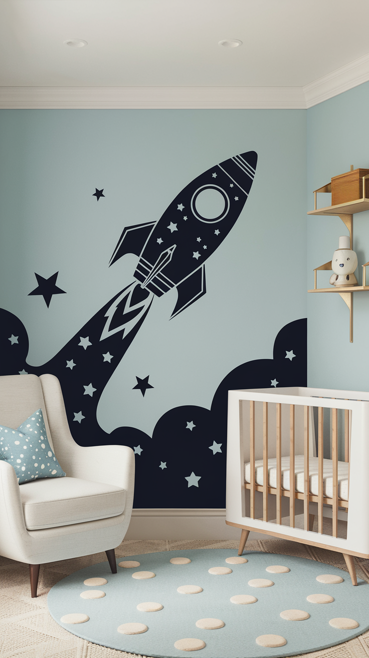 The nursery room exudes a Mid Century Modern charm with its rocket and stars wall mural. It features a white armchair adorned with a blue polka dot pillow, a wooden crib, and toy-filled wall shelves. A round blue rug with white polka dots completes the cozy ambiance.