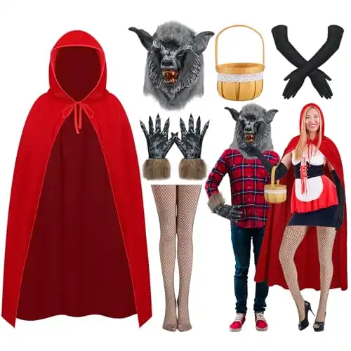 Croknit Halloween Couple Costume Adult Big Bad Wolf Costume Red Cape Basket Gloves and Fishnet Tights for Man Woman Cosplay