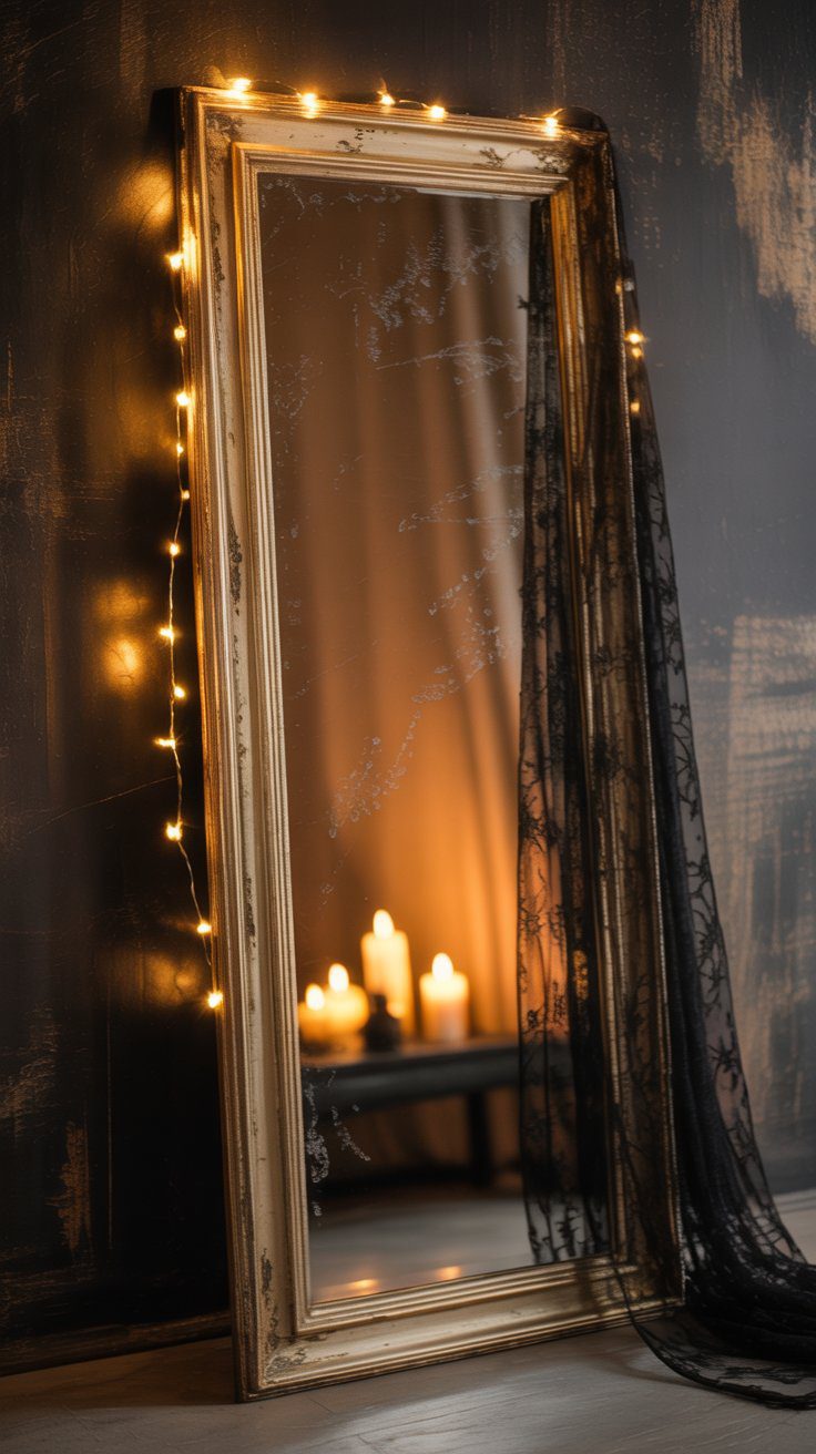 Moody Gold-Framed Mirror Decor Idea with Candles, Black Lace & String Lights for Cozy Gothic Home Inspiration.