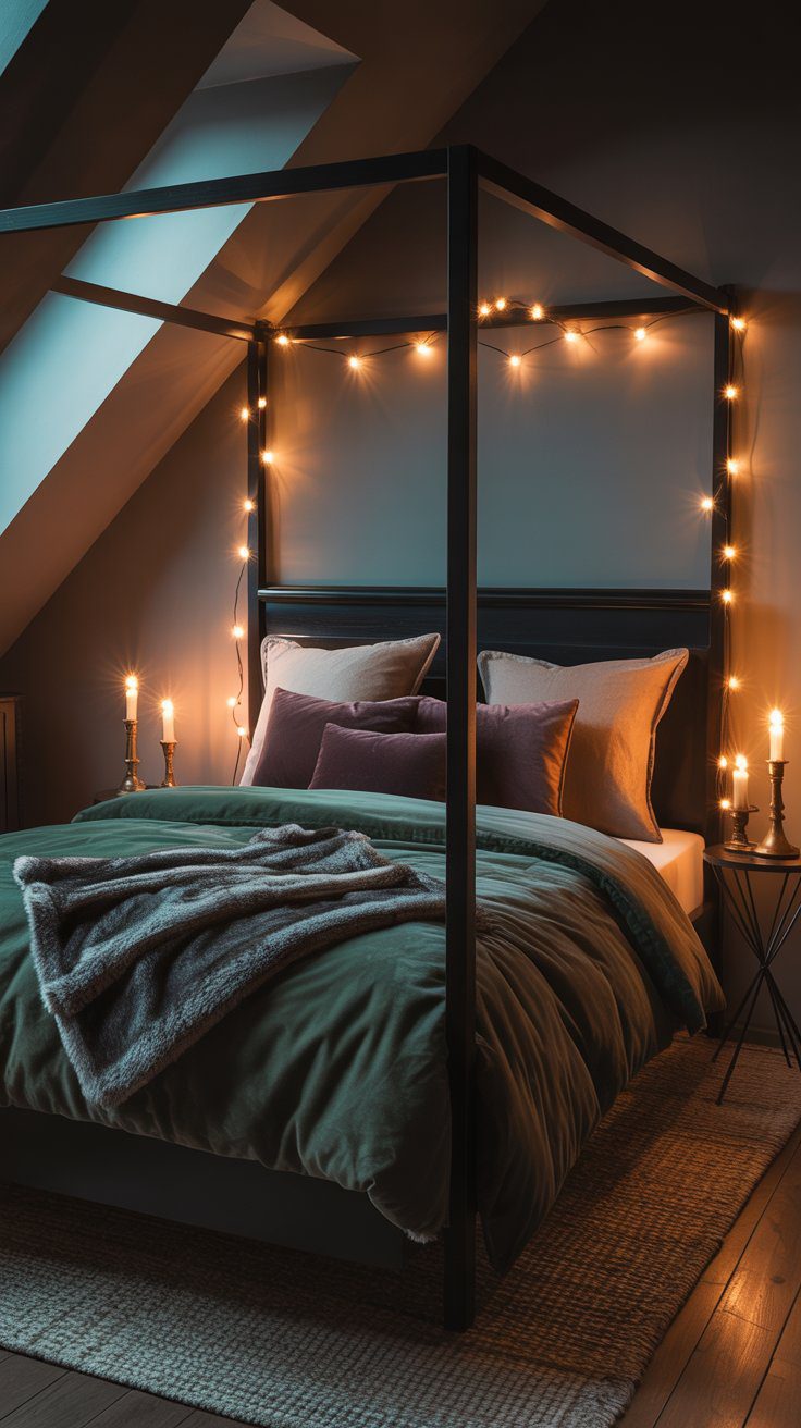 Romantic Canopy Bedroom Decor Ideas with String Lights, Candles & Fluffy Bedding for a Warm, Inviting Atmosphere.