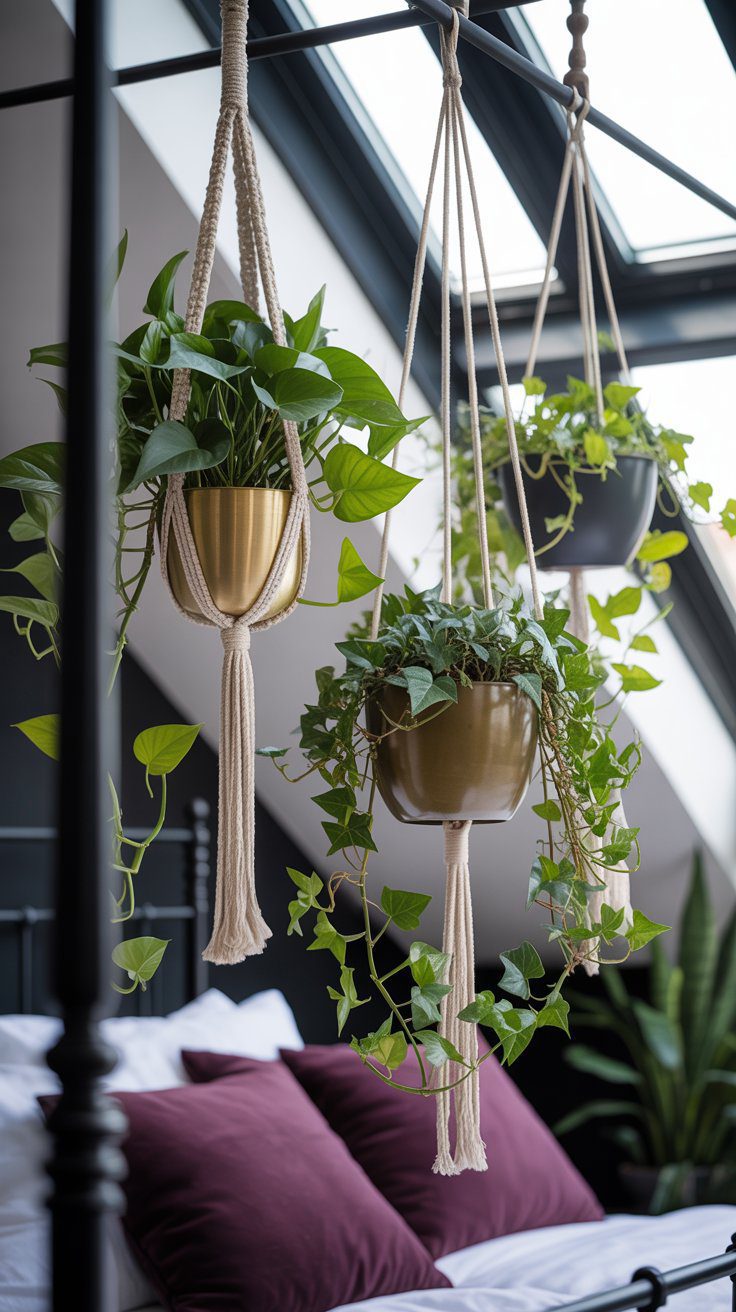 Cozy Bedroom Ideas: Macramé Hanging Plants and Skylight Inspiration for a Fresh, Light-Filled Sleep Space Decor.