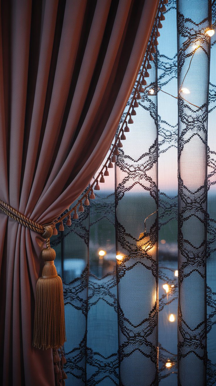 Elegant Window Decor Ideas: Mauve Curtains, Gold Tassel Tiebacks & String Lights for Cozy Evenings.