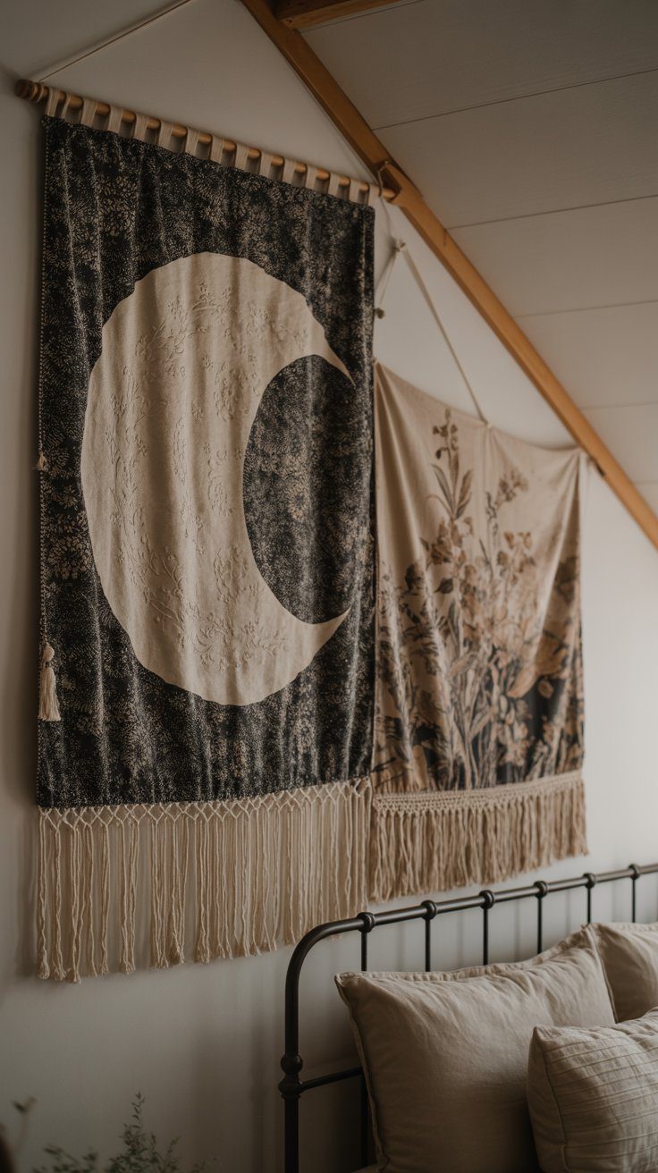 Boho Bedroom Decor Ideas with Moon and Botanical Tapestry Wall Art Above Bed – Neutral Pillows & Fringe Textile Accents.