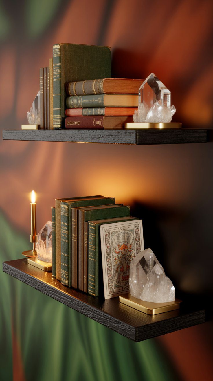 Mystical Bookshelf Decor Ideas: Vintage Books, Tarot Cards & Crystals with Candlelight for Boho Spiritual Home Inspiration.