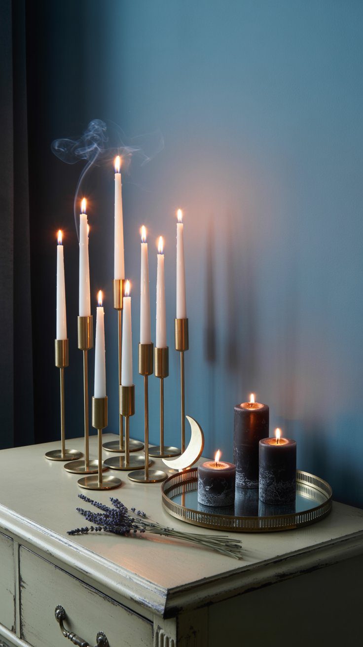 Moody Candle Centerpiece Ideas: White and Black Pillar Candles on Vintage Dresser with Lavender Decor for Cozy Home Styling.