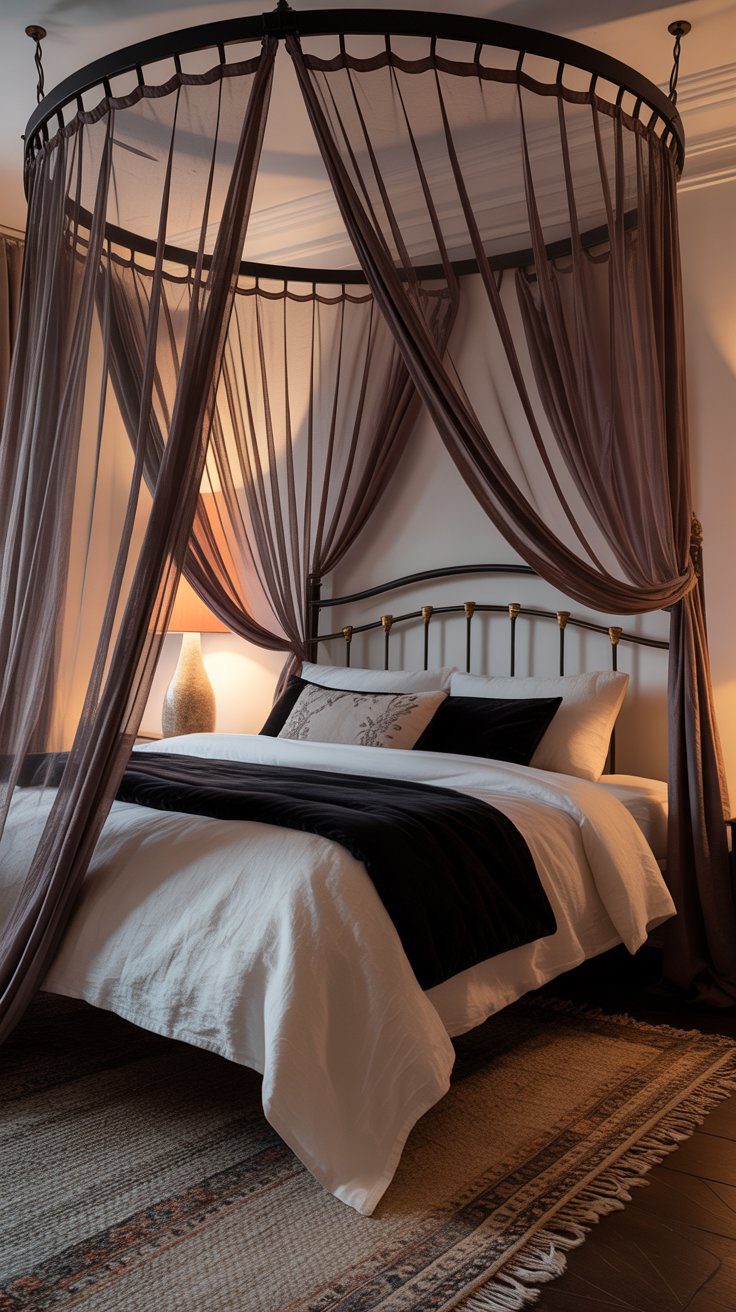 Chic Canopy Bedroom Inspiration: Mauve Curtains, Black & White Bedding, Cozy Boho Decor Ideas for Pinterest-Worthy Home Design.