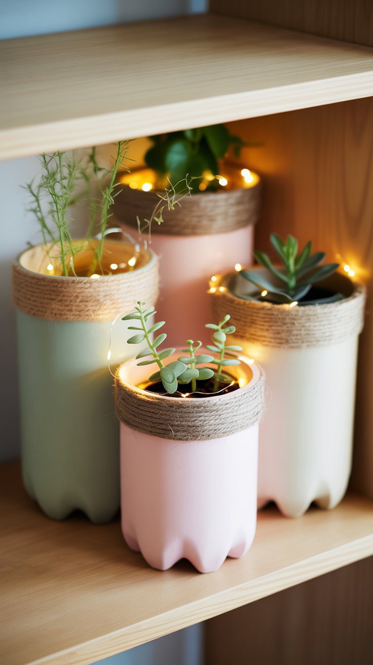 DIY Upcycled Plastic Bottle Succulent Planters with Twine and String Lights—Eco-Friendly Shelf Decor Ideas.