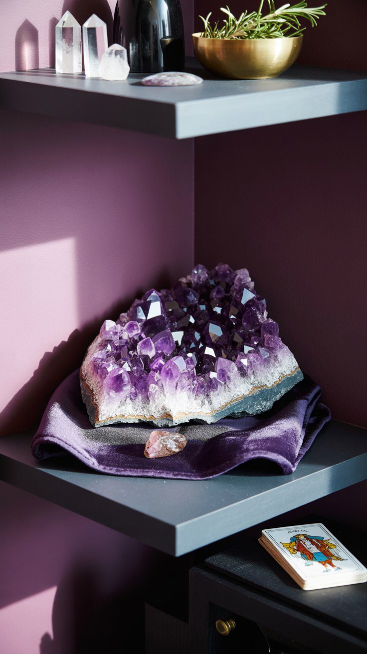 Amethyst Altar Decor Ideas: Crystal Display Inspiration With Tarot Cards, Herbs, and Spiritual Shelf Styling.