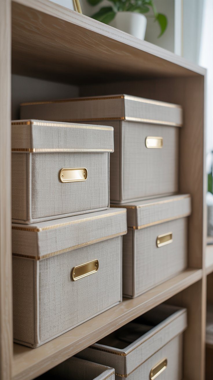 Modern Home Organization Ideas: Stylish Beige Storage Boxes with Gold Labels & Minimalist Bookshelf Styling Tips.