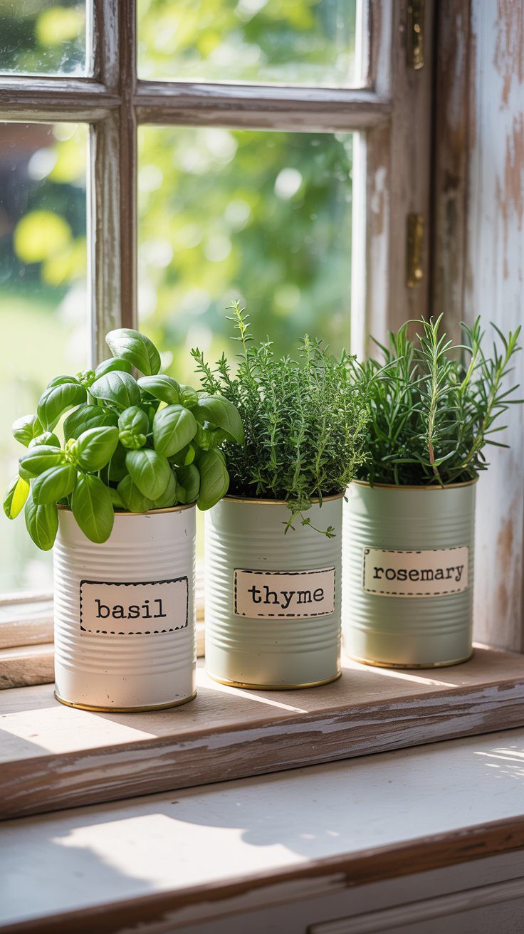 DIY Herb Garden in Upcycled Tin Cans: Basil, Thyme & Rosemary Growing Indoors by a Sunny Window for Fresh Kitchen Herbs.