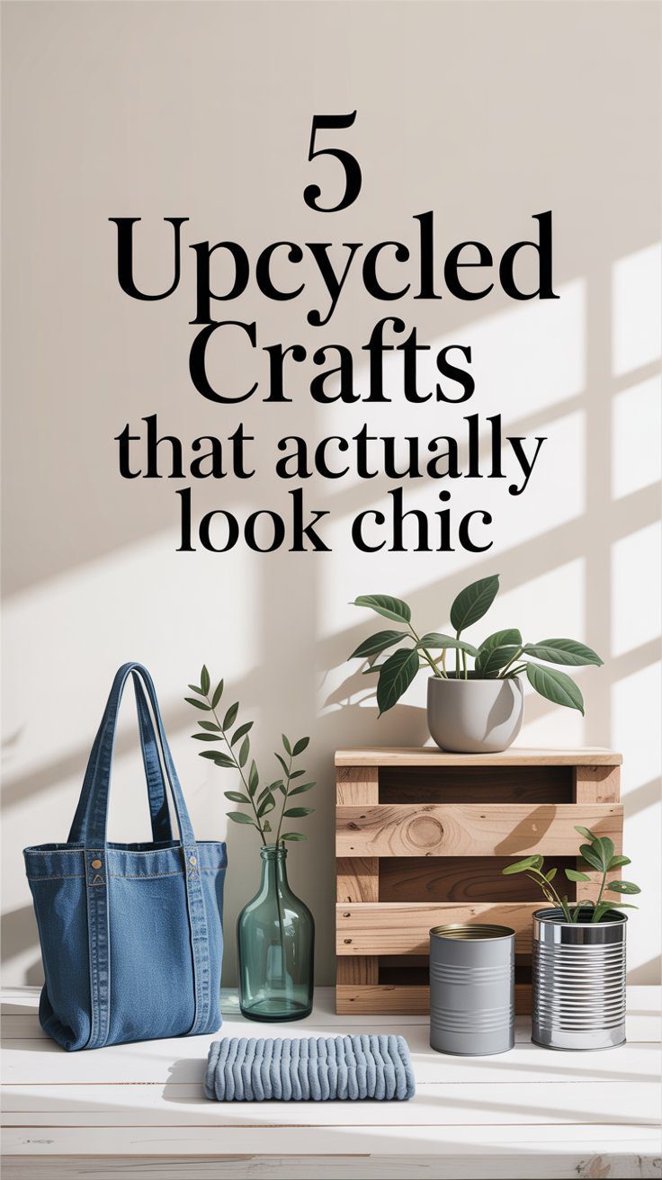 Chic Upcycled Crafts Ideas: DIY Denim Tote, Repurposed Bottles, Plant Decor & Tin Can Projects—Eco-Friendly Home Inspiration.