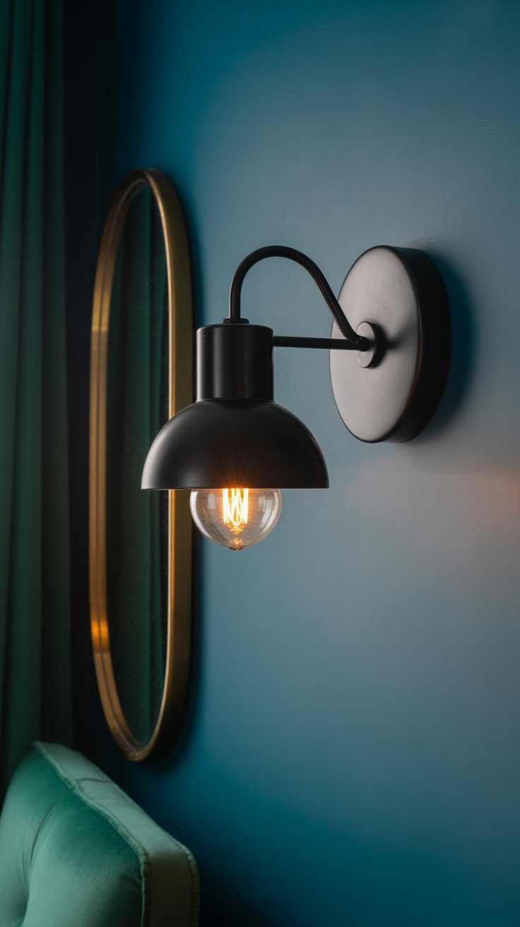 Modern Bedroom Wall Sconce Lighting Ideas with Teal Accents, Gold Oval Mirror, and Stylish Green Upholstered Headboard Decor.