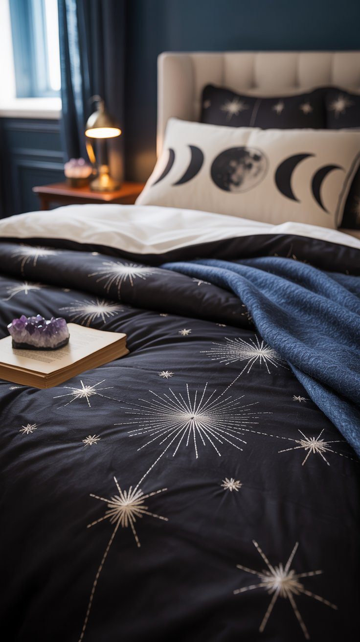 Celestial Bedroom Decor Ideas: Black Star Bedding, Moon Pillow, Nightstand with Crystals, Cozy Dark Room Aesthetic.