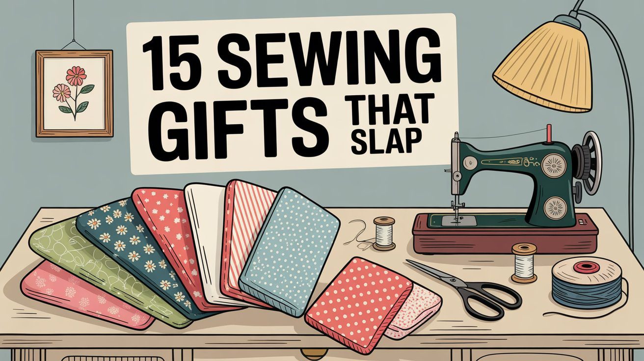 A nostalgic sewing corner with fabric, scissors, thread, lamp, and florals inspires ideas from the "15 Sewing Gifts" blog.
