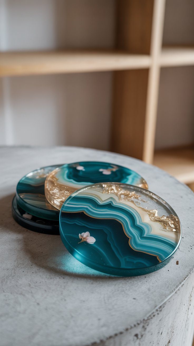 DIY Resin Coasters with Teal and Gold Marble Effect and Pink Flowers – Easy Handmade Home Decor Project Ideas.