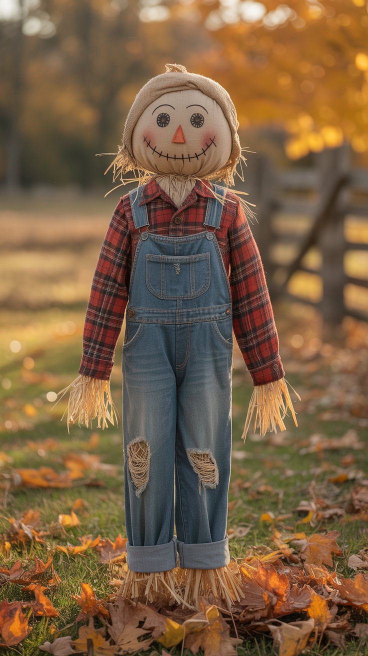 Autumn Scarecrow Decor Ideas: DIY Fall Yard Display with Plaid Shirt, Straw Hat & Leaves for Farmhouse Outdoor Inspiration.