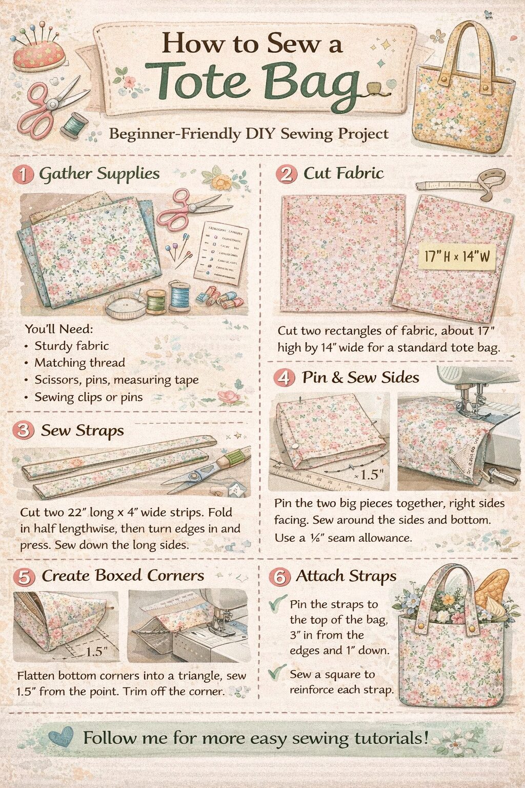 Beginner-friendly tutorial with visuals showing how to make a Tote Bag, from gathering materials to sewing and adding sturdy handles.