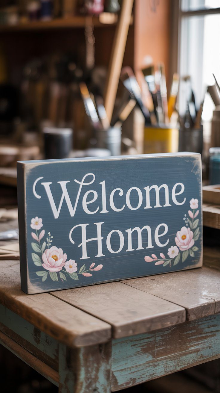 DIY Rustic "Welcome Home" Sign with Floral Accents – Cozy Craft Room Decor Ideas & Handmade Home Art Projects.