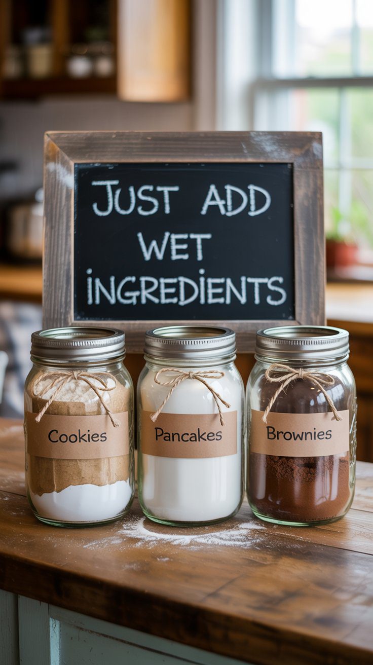 Easy Mason Jar Baking Mixes: Cookies, Pancakes & Brownies Gift Ideas—Just Add Wet Ingredients, No-Fuss Homemade Recipes.