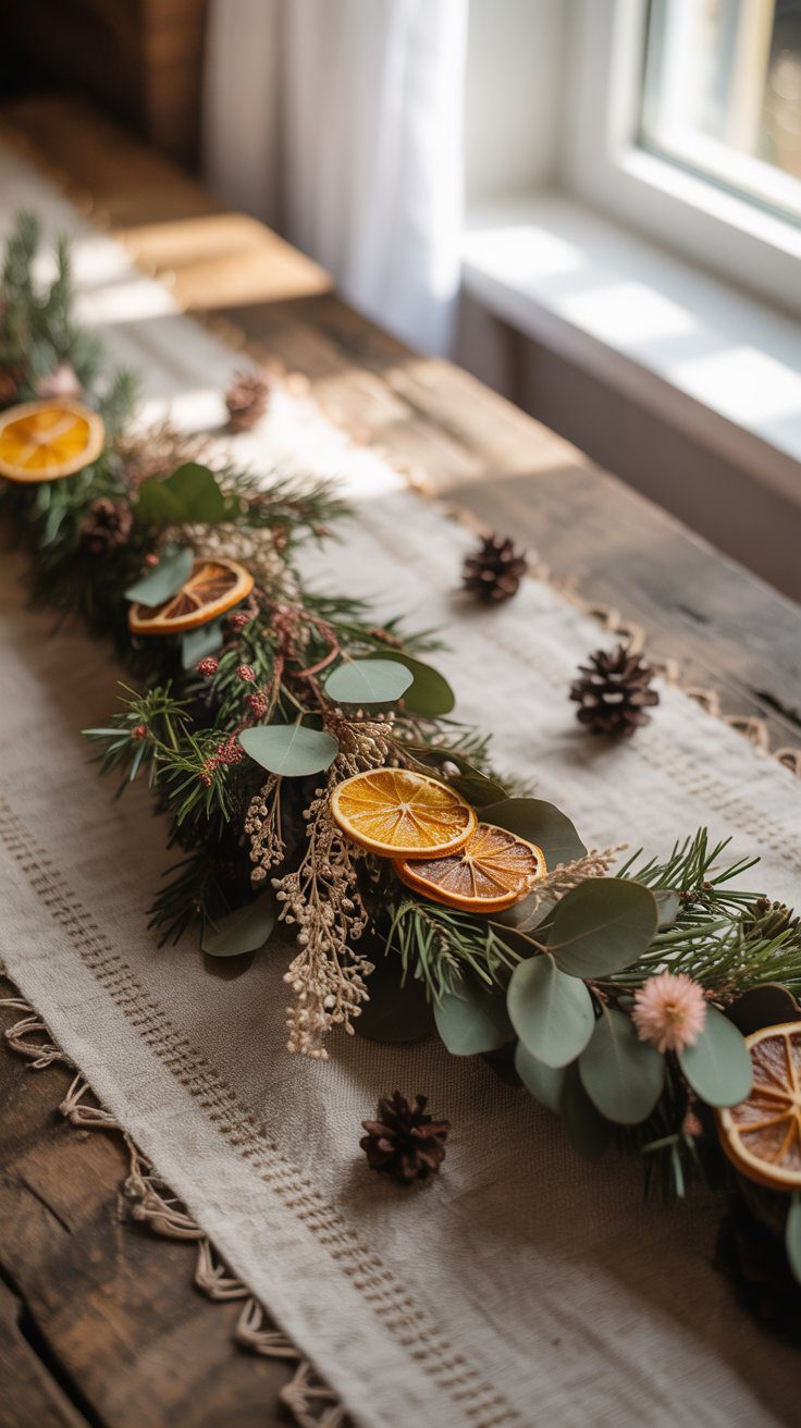 Rustic Christmas Table Runner with Pine, Eucalyptus & Dried Orange Decor – Festive Holiday Centerpiece Ideas.