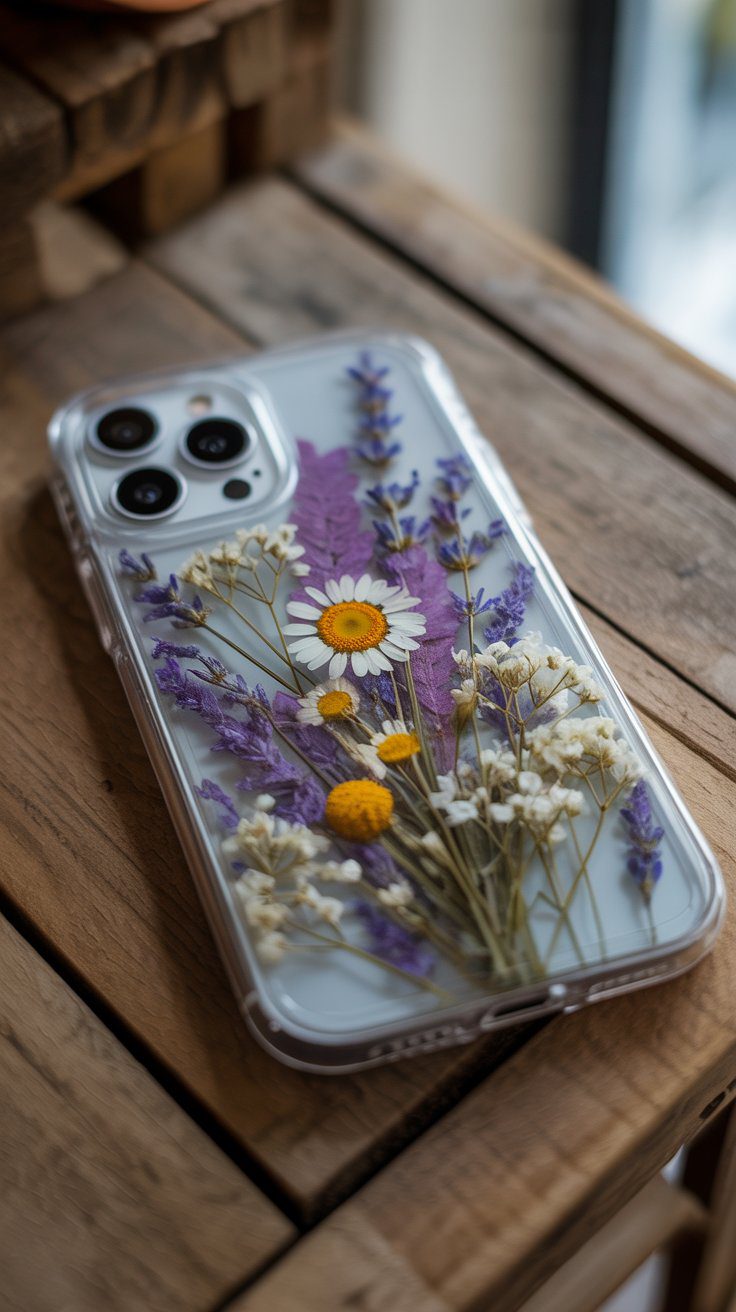 Pressed Flower Clear Phone Case with Daisies and Lavender on Rustic Wood – Floral Aesthetic Accessories for Pinterest DIY Ideas.