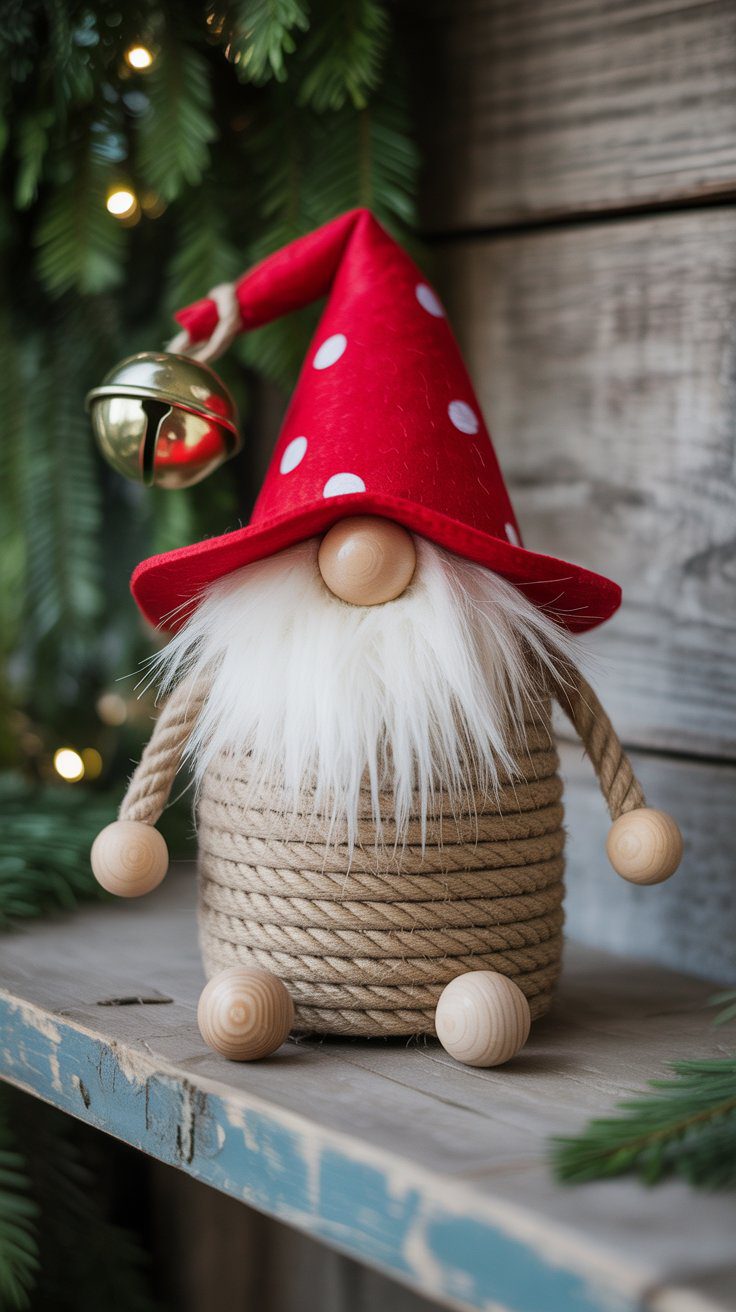 Whimsical DIY Gnome Decor Ideas: Red Polka Dot Holiday Gnome With Beard on Rustic Wooden Shelf For Festive Home Styling.