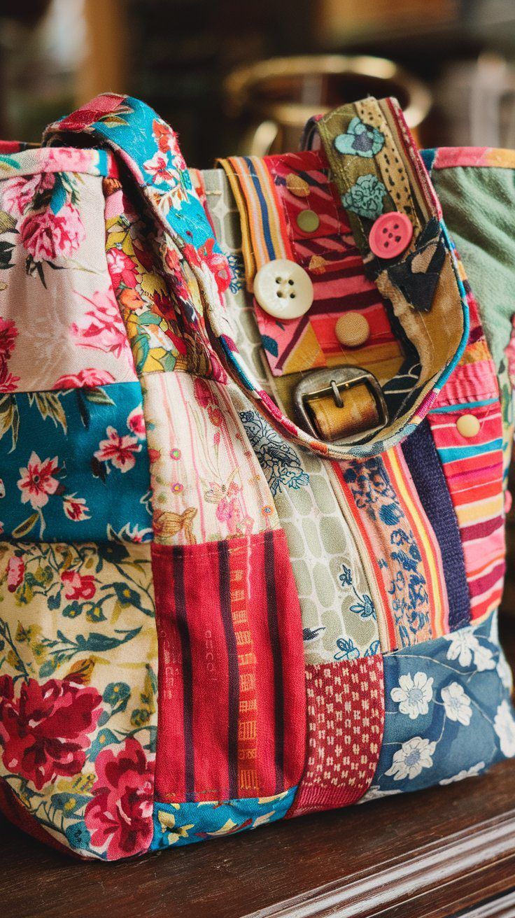 DIY Colorful Patchwork Tote Bag with Floral Patterns and Buttons – Unique Handmade Purse Sewing Project for Beginners.