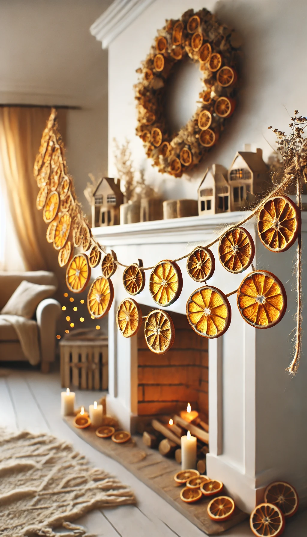 This guide showcases 10 stunning DIY dried fruit garlands. The classic dried orange slice garland, shown here, is a warm and rustic decoration perfect for mantels or windows, with golden hues glowing in soft light.