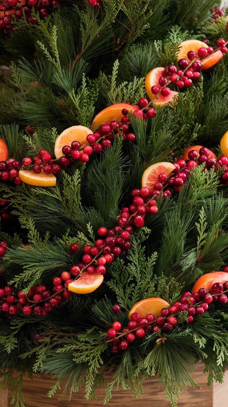 A cheerful garland of deep red cranberries and warm-toned fruit slices winding around a lush evergreen tree.