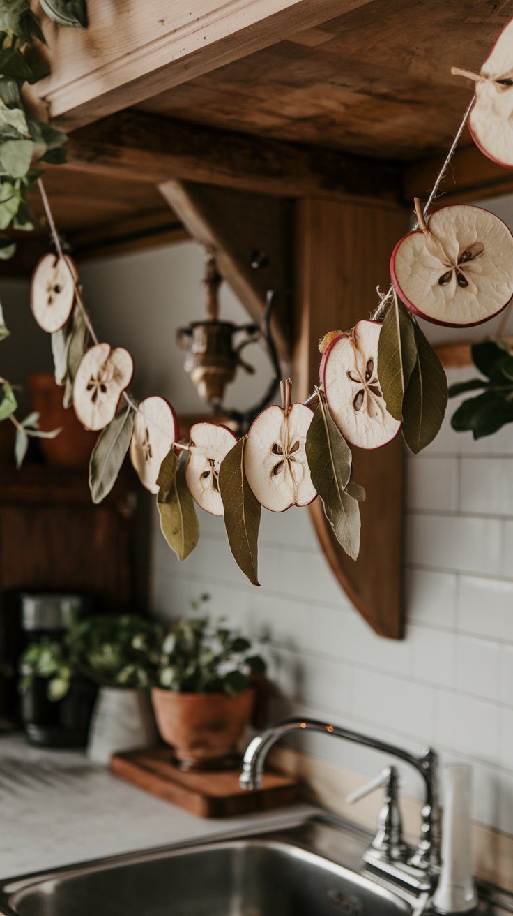 For a more understated, natural look, try combining dried apple slices with bay leaves for a garland that’s perfect year-round.How to Make It:Core apples and slice them into thin rings.Dry the slices in the oven or dehydrator until firm.Thread a needle with twine and alternate apple slices with bay leaves.Finish by tying a bow on each end for a polished touch.Picture This:Picture this: A subtle, earthy garland of pale apple slices and vibrant green bay leaves hanging above a kitchen sink. Its understated elegance brings a sense of calm and nature indoors