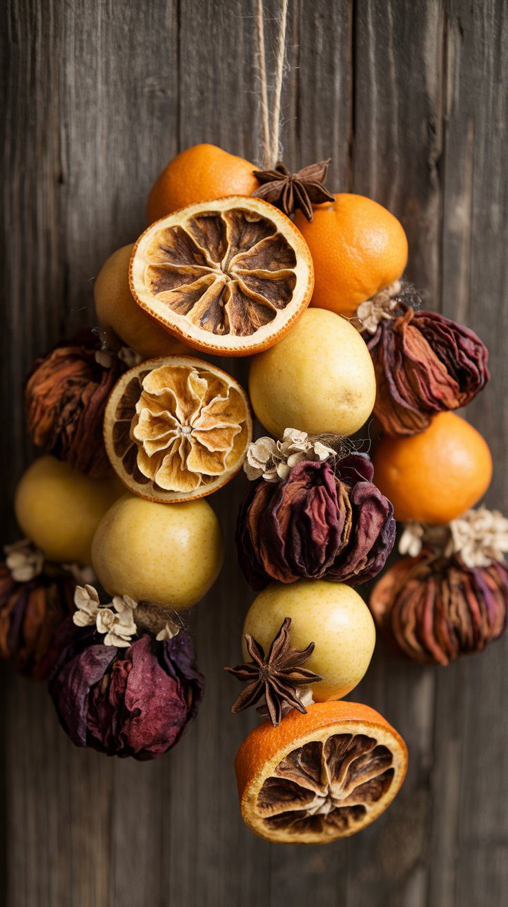 Discover a rustic mixed fruit garland that blends dried oranges, apples, and pears. Perfect for creating a warm, inviting ambiance at family gatherings.