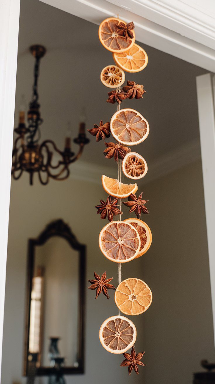 Add a touch of elegance with fragrant star anise paired with dried citrus.How to Make It:Dry orange and grapefruit slices as described earlier.Thread citrus slices and whole star anise pods onto a thin ribbon.Hang the garland in a doorway or over a mirror for a fragrant accent.Picture This:Picture this: Delicate star-shaped anise pods nestled between vibrant orange and grapefruit slices, creating a garland that’s both chic and aromatic. It’s the perfect blend of style and simplicity.