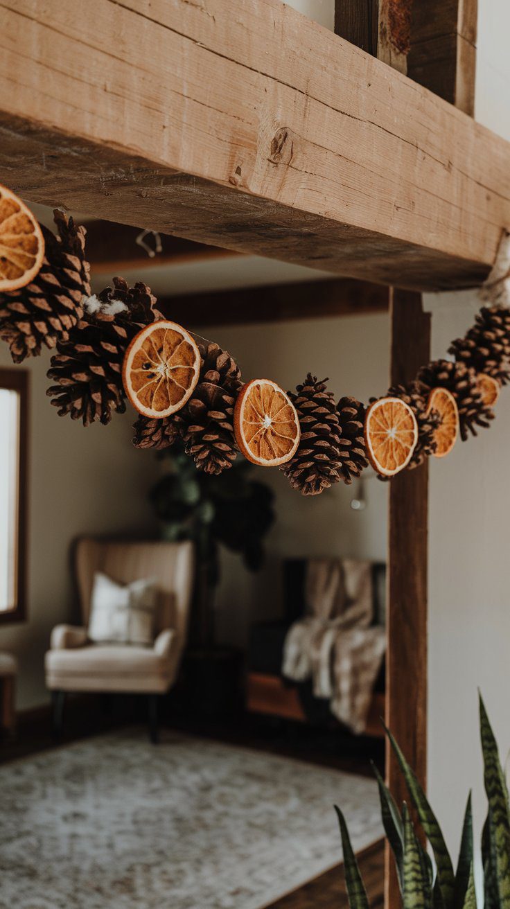 Bring winter warmth indoors with an orange and pinecone garland. This cozy decoration evokes a woodland retreat feel.