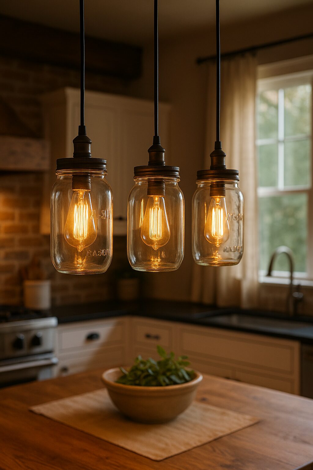A trio of mason jar pendant lights with vintage bulbs brighten a cozy kitchen, accented by brick, white cabinets, and rustic wood.