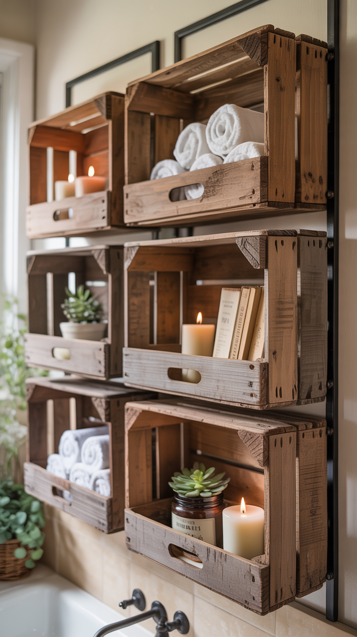 Wall-mounted crate shelves in the bathroom organize towels, books, candles, and plants for a tidy, inviting spa-inspired space.