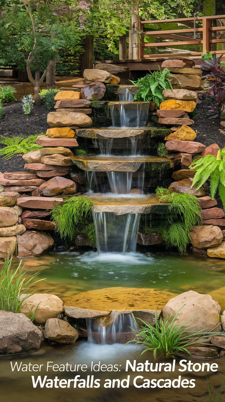 A multi-tiered stone waterfall cascades into a pond, creating a serene oasis surrounded by lush green plants and bordered with large rocks. Text at the bottom reads, Water Feature Ideas: Natural Stone Waterfalls and Cascades for Your Backyard.