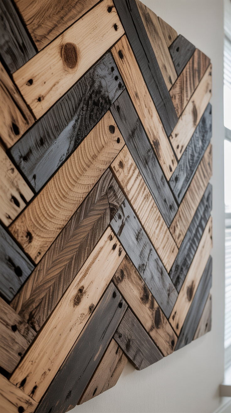 Detailed view of reclaimed wood wall art in a chevron design, with contrasting stains, mounted on a white wall beside a window.