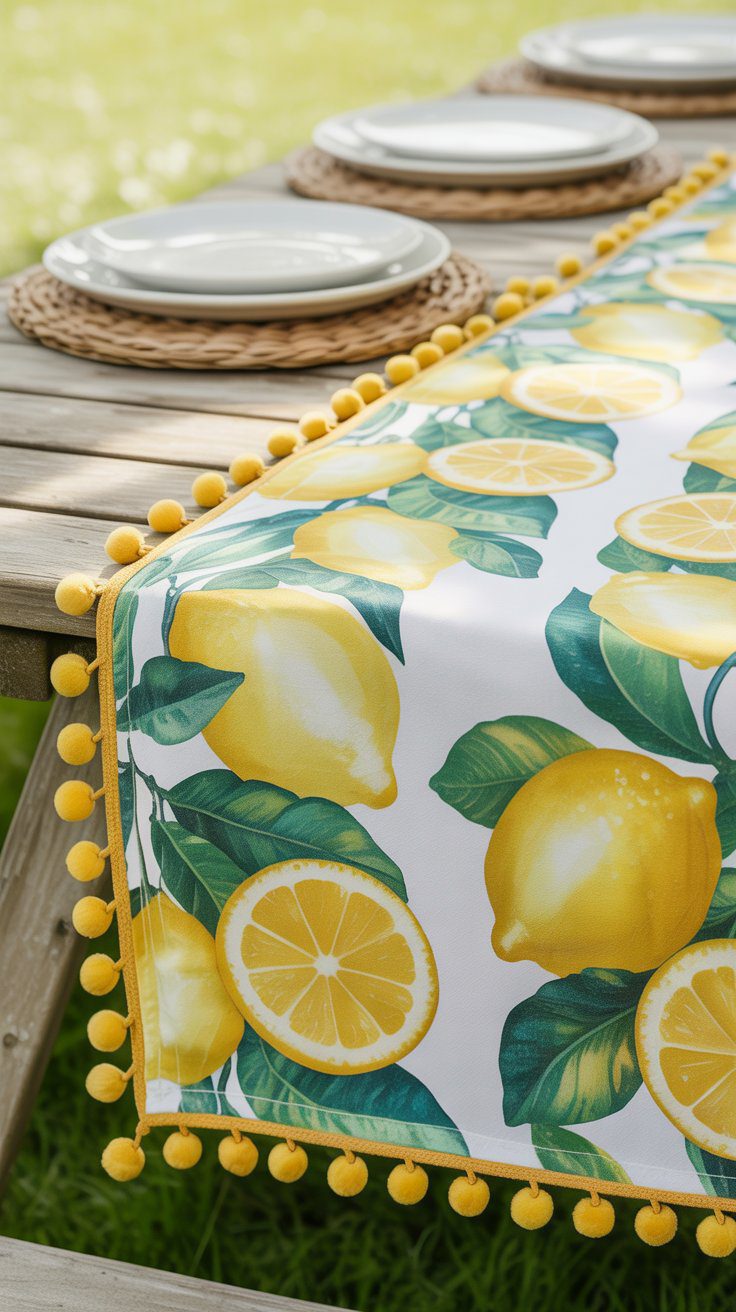 Lemon-Themed Summer Outdoor Picnic Table Decor Ideas with Woven Placemats for a Bright Backyard Gathering.